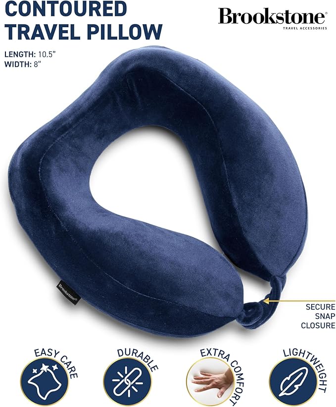 Brookstone Contoured Memory Foam Head and Neck Travel Pillow Ergonomic and Lightweight, Blue