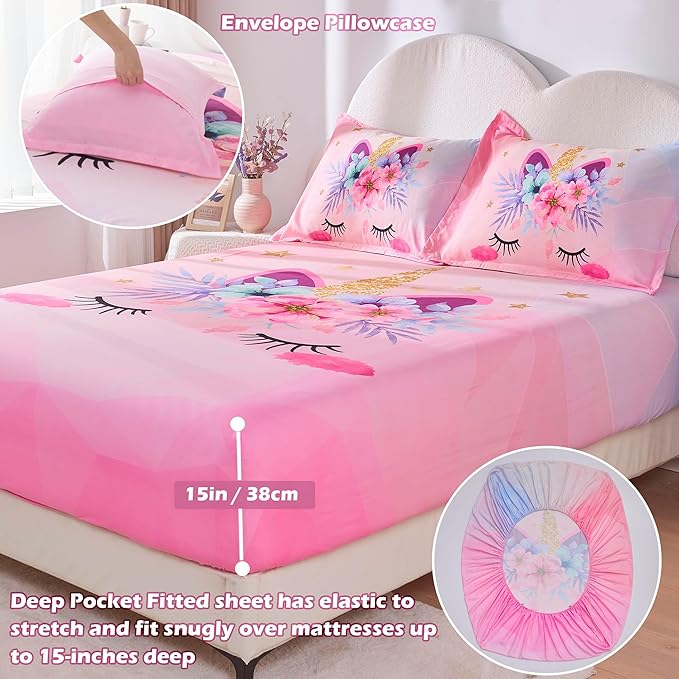 VIVILINEN Full Size Sheet Set 4 Piece Kid Sheets Set for Girls Pink Unicorn Full Bed Sheets Set for Teens Bedding Set Include Flat Sheet, Deep Pocket Fitted Sheet and Pillowcase