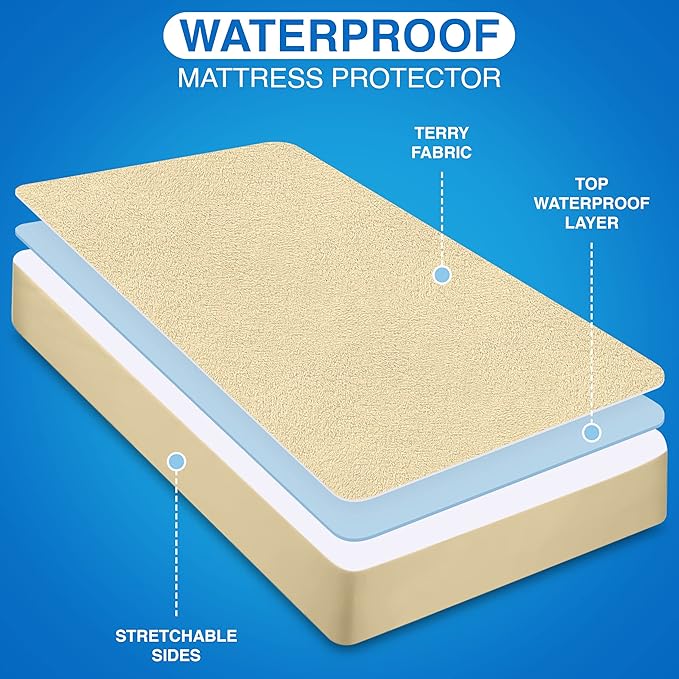 Utopia Bedding Waterproof Mattress Protector Full Size, Premium Terry Mattress Cover 200 GSM, Breathable, Fitted Style with Stretchable Pockets (Beige)