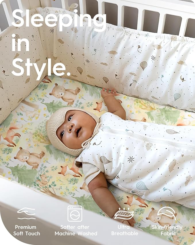 Mini Crib Sheets 24x38, Ultra Soft Pack N Play Sheets Fitted Boy Girl, Neutral Pack and Play Mattress Sheets, Premium Jersey Knit Portable Crib Sheets Hypoallergenic, Forest Bear & Deer