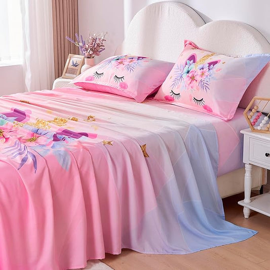 VIVILINEN Full Size Sheet Set 4 Piece Kid Sheets Set for Girls Pink Unicorn Full Bed Sheets Set for Teens Bedding Set Include Flat Sheet, Deep Pocket Fitted Sheet and Pillowcase