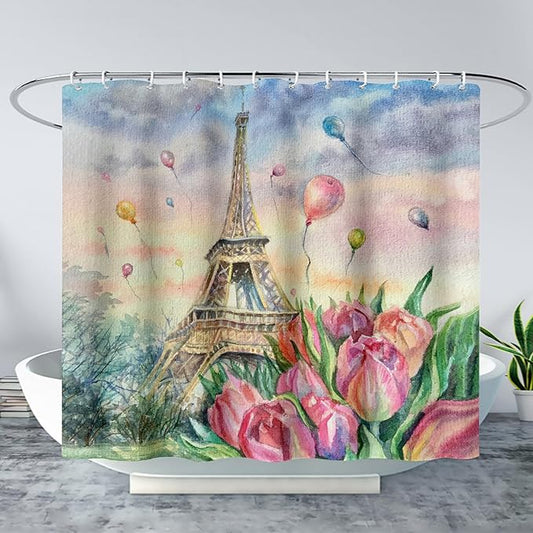 AILONEN Eiffel Tower Shower Curtain,Fantasy Tower Bathroom Fabric Shower Curtain for Girls Kids Teens, 72" W*96" H Flower Balloon Paris Tower Watercolor Theme Bathroom Decor