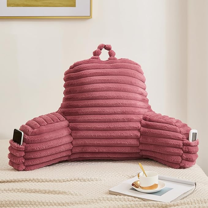 Faux Fur Fluffy Dusty Rose Reading Pillow with Pockets, Luxury Striped Plush Decorative, Arm Rests and Back Surport for Bed Rest, Lounging on sofa, Standard