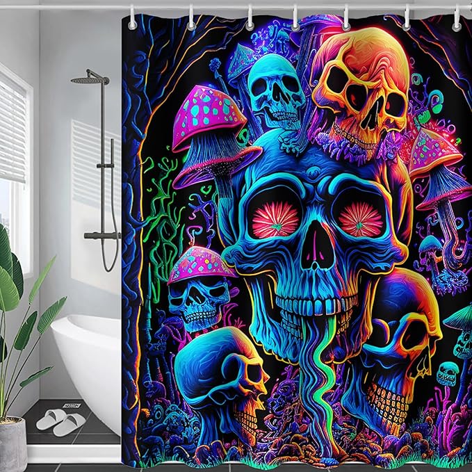 AILONEN Mushroom Skull Shower Curtain for Bathroom,Purple Mushroom Skull Bath Curtain,Fantasy Fairy Skull Skeleton Decoration Bathroom Waterproof Shower Curtain with 12 Plastic Hooks, 72" W*78" H