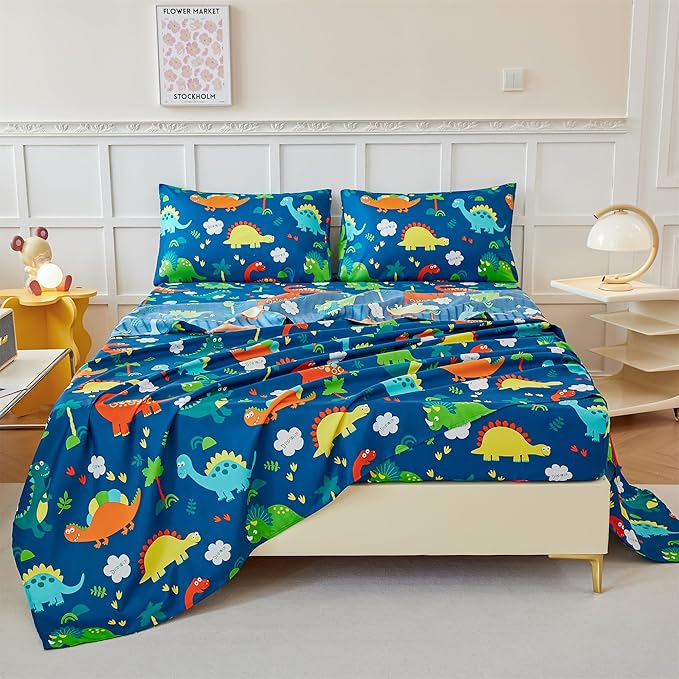 RYNGHIPY Kids Dinosaur Sheets Set for Boys Soft Microfiber Dino Sheets for Twin Size Bed Deep Pocket Fitted Sheet Flat Sheet and Pillowcase (Blue Dinosaur,Twin)