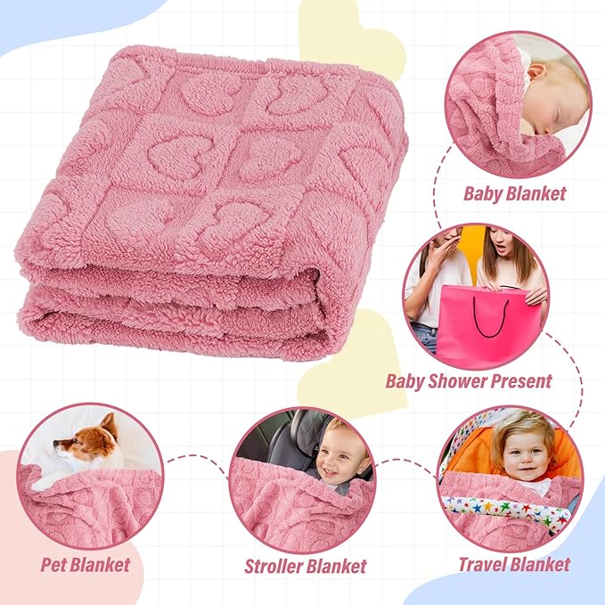 Plush Soft with Heart Checkered Baby Blanket,Fleece Infant Toddler Blankets for Girls Boys,Warm Lightweight Breathable Newborn Receiving Blankets for Crib Stroller 32"×37" (deep Pink, Heart)