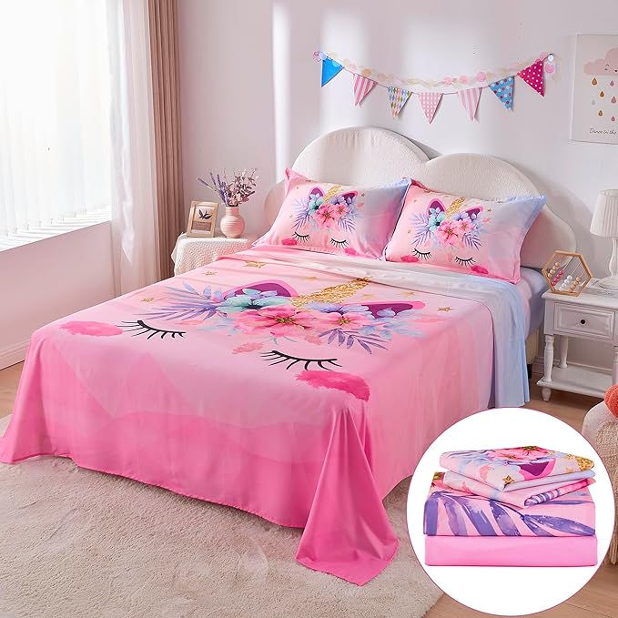 VIVILINEN Full Size Sheet Set 4 Piece Kid Sheets Set for Girls Pink Unicorn Full Bed Sheets Set for Teens Bedding Set Include Flat Sheet, Deep Pocket Fitted Sheet and Pillowcase