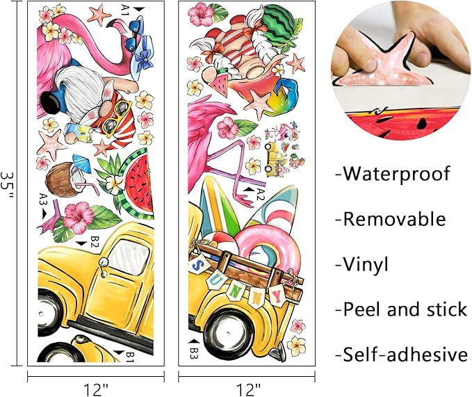 Mfault Summer Gnome Wall Decals Stickers, Sunny Flamingo Yellow Truck Farmhouse Decorations Bedroom Art, Tropical Watermelon Coconut Seasonal Home Kitchen Hawaii Holiday Decor