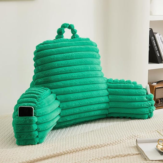 Faux Fur Fluffy Emerald Reading Pillow with Pockets, Luxury Striped Plush Decorative, Arm Rests and Back Surport for Bed Rest, Lounging on sofa, Standard