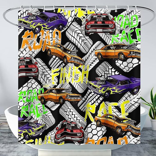 AILONEN Racing Car Shower Curtain for Bathroom Decor,Cool Racer Bath Curtain for Kids Boys Teens,Graffiti Printed Curtain Waterproof with 12 Plastic Hooks, 72" W x 72" H