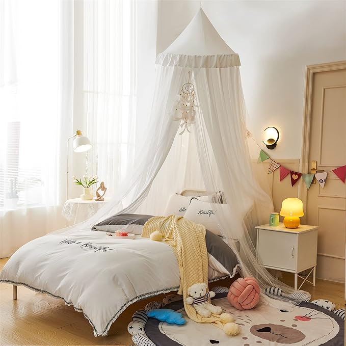 VETHIN Bed Canopy for Kids with Lights,Double Layer Princess Round Dome Children Dreamy Mosquito Net Bedding Girls Room Castle Play Tent Hanging House Decor Reading Nook Canopies(White/White)