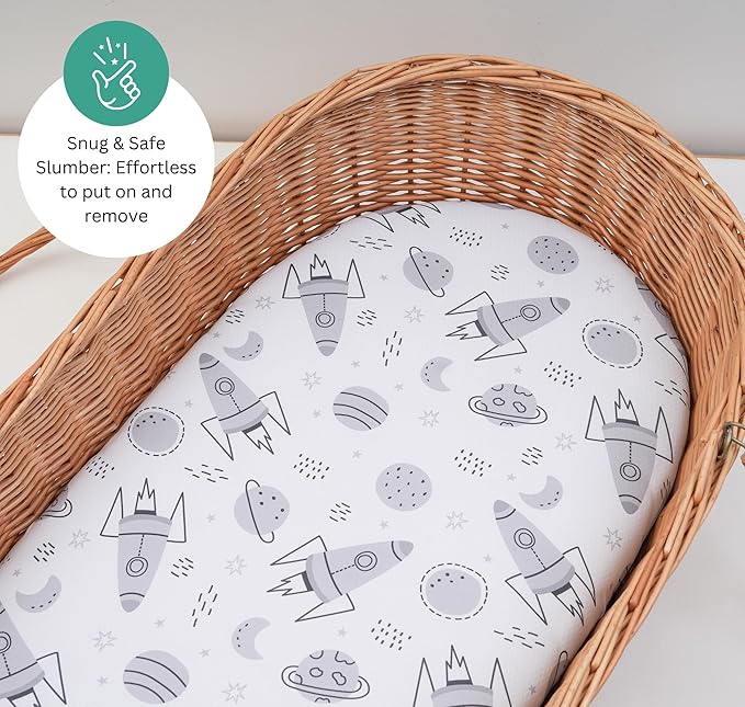 TansyPanda Bassinet Sheets for Baby Delight Snuggle Nest, Chicco LullaGo, Fisher-Price Soothing, SNOO Smart, 3PC, 18 x 30 Inch, Ultra Soft, Breathable, Snug Fit, Unisex Boys, Girls (Space Rockets)