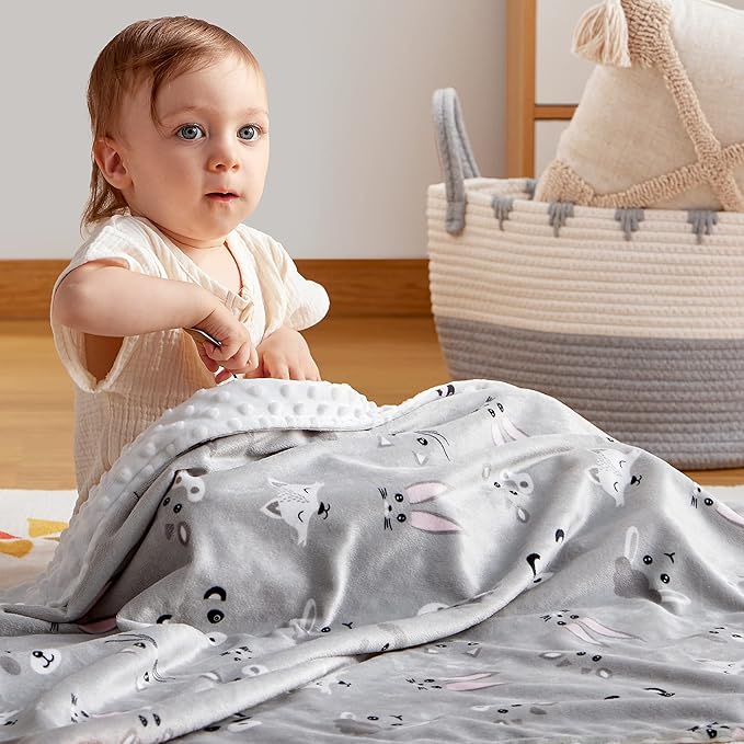 DaysU Silky Micro Soft Plush Baby Blankets Unisex with Print Animal Pattern and Soothing Raised Dots, Double Layer Bed Throws for Toddler Cot, Animal Faces, Grey, 50x60 Inches