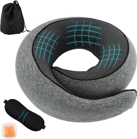 Travel Pillow Neck Pillows Pure Memory Foam Neck Pillow with 3D Eye Masks and Earplugs 360° Adjustable Full Surrounding Neck Pillows for Airplanes, Cars, Offices (Grey)