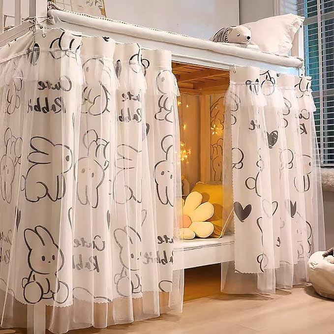 Beautiful Gauze Bunk Bed Curtains Drapes with Lace Privacy Bed Canopy for Bottom, 2 Panels, Rabbit
