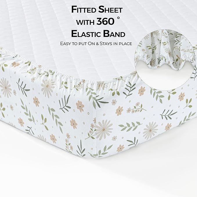 Mini Crib Fitted Sheet, 100% Cotton Knitted Jersey, Pack n Play Sheet, Breathable, Fitted Crib Sheets, Super Soft, Toddler Fitted Sheet,2 Pack,Green/Flowers, 38x24x6