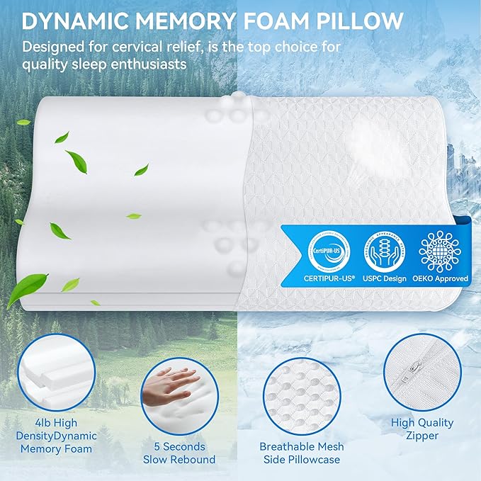 Sandwich Cervical Neck Pillow Queen Size, Dynamic Memory Foam Pillow for Sleeping, Adjustable Contour Ergonomic Orthopedic Cooling Pillow for Side, Back & Stomach Sleepers CertiPUR-US
