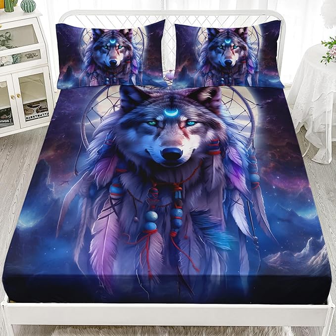 AILONEN Wolf Dream Catcher Fitted Sheet Set Queen Evening Purple Galaxy Starry Moon Wolf Bed Sheet with 2 Pillowcases,3 Pieces Wolf Print Boys Girls Queen Fitted Sheet Set