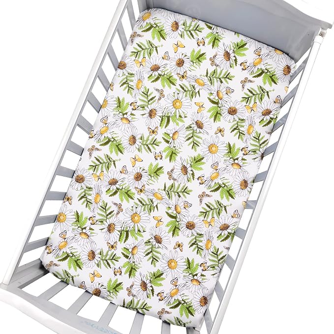 JISEN Baby Crib Sheet 1 Piece Portable Fitted Crib Sheet for Standard Crib and Toddler Mattresses Nursery Bed Decor for Boys Girls 28x52 Inch Daisy Butterfly