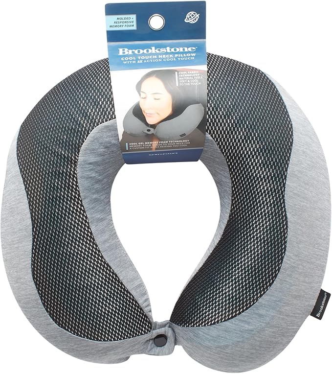 Brookstone Cool Touch Memory Foam Head and Neck Travel Pillow for Vacations, Airplanes, Trains, Buses, and Cars, Size One Size, Dark Grey