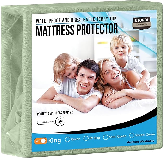 Utopia Bedding Waterproof Mattress Protector King Size, Premium Terry Mattress Cover 200 GSM, Breathable, Fitted Style with Stretchable Pockets (Sage)
