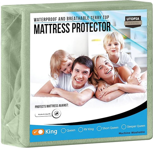 Utopia Bedding Waterproof Mattress Protector King Size, Premium Terry Mattress Cover 200 GSM, Breathable, Fitted Style with Stretchable Pockets (Sage)