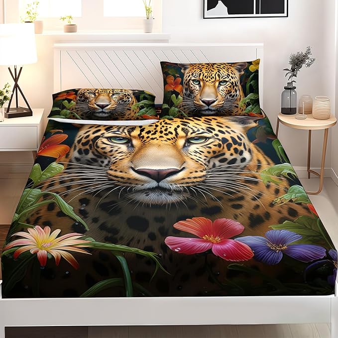 AILONEN Leopard Print Fitted Sheet Set Twin Size for Boys,Safari Cheetah Bed Sheet Set Twin, Jungle Animal Leopard Sheet Set 3 Pieces Wildlife Fitted Sheet with 2 Pillowcases