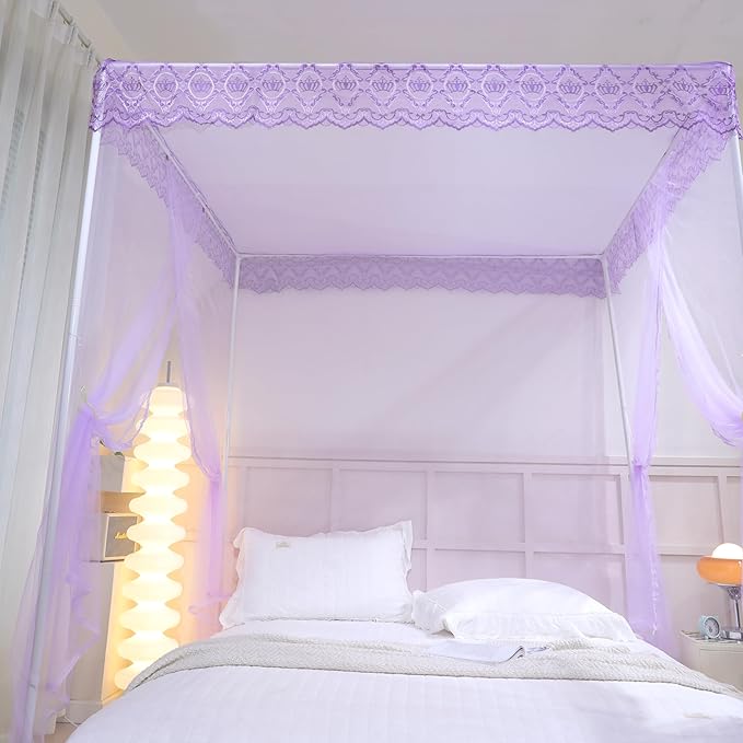 Bed Canopy, Princess Bed Curtain Net for Girls & Adults，Three-Doors Rectangle Lace Dome Netting (Purple, King)