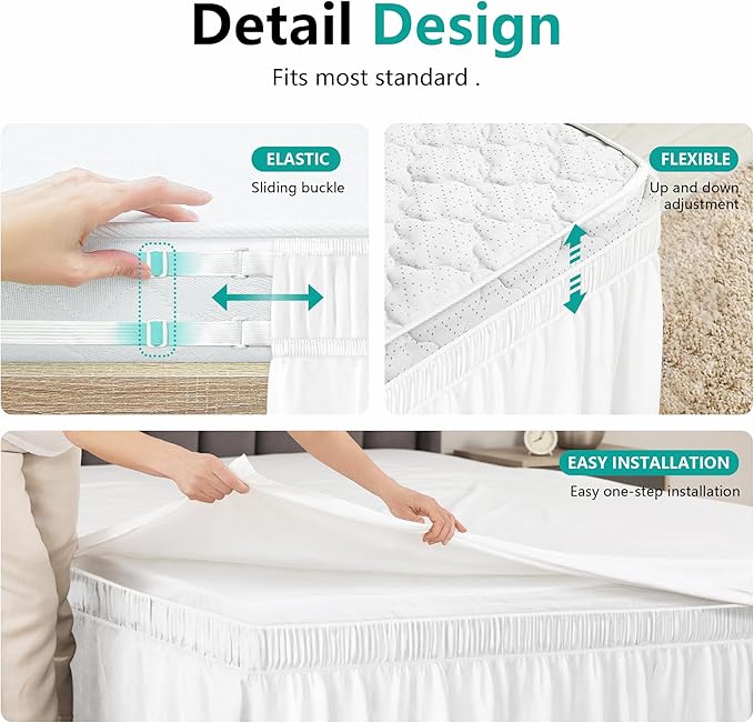 WVM Wrap Around Ruffled Dust Ruffle Bed Skirt with 15" Long Drop for Queen Bed, Feature White Adjustable Buckles, Easy to Install, Wrinkle-Resistant, Fade-Resistant, Soft, Stylish, Machine Washable
