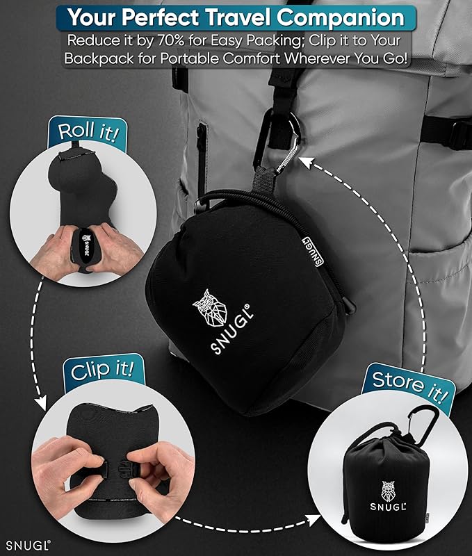 SNUGL Neck Travel Pillow - Memory Foam Airplane Pillow - Flight Pillow | Neck Support Travel Pillow with Carry Bag & Clip | Neck Pillows for Sleeping Travel Plane | Flying Travel Essentials - Black