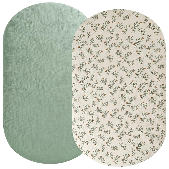 Muslin Bassinet Sheet Compatible with Graco Sense2Snooze Bassinet, 2 Pack Cotton Stylish Boho Fitted Bassinet Sheets Super Soft for Baby Roman Green & Botanical Leaf