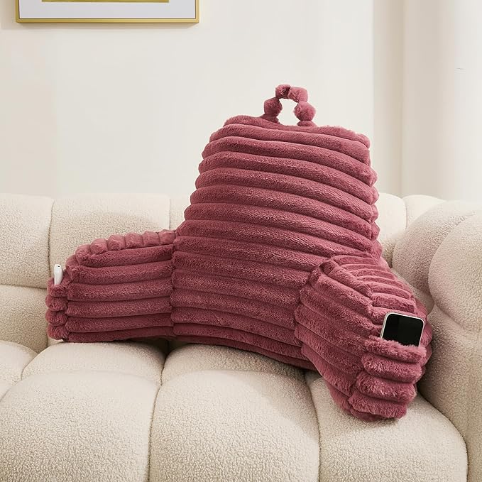 WERDIM Reading Pillow for Sitting in Bed, Faux Fur Back Pillow for Bed Rest, Bed Chair Pillow with Arms and Pockets(Standard, Dusty Rose)