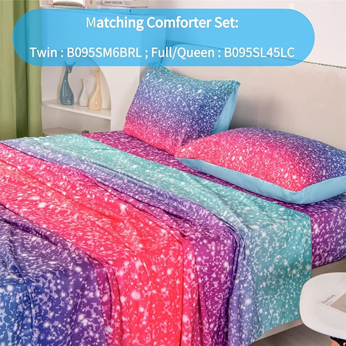 RYNGHIPY Colorful Glitter Bed Sheet Collections, Glitter Rainbow Theme Fitted Sheet Twin Size, Mermaid Design Sheets Set for Girls (Pink Blue,Twin)