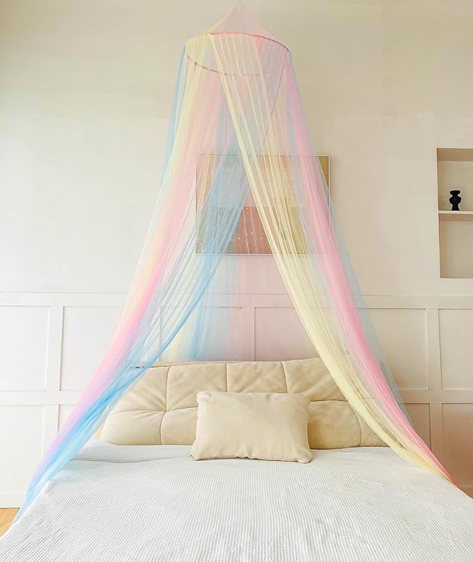 Mosquito Net Bed Canopy for Girls,Rainbow Canopy with LED Lights Bed Curtains Full Queen Size from Ceiling,Dome Mosquito Netting Bed Tent Twin Girls Princess Canopy King Bed Decor