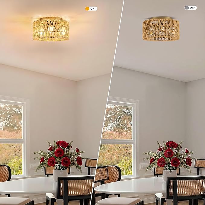 MAYNA 3-Light Boho Light Fixtures Ceiling Mount, Hand-Woven Chandelier Light Fixture,Farmhouse Rattan Flush Mount Ceiling Light for Hallway Bedroom Kitchen Living Room Entryway (Gold)