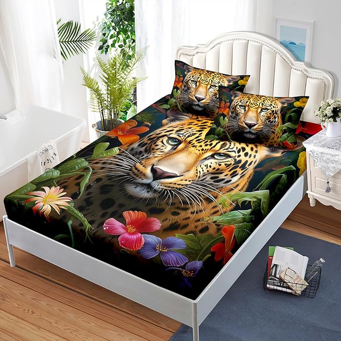 AILONEN Leopard Print Fitted Sheet Set Twin XL Size for Boys,Safari Cheetah Bed Sheet Set TwinXL, Jungle Animal Leopard Sheet Set 3 Pieces Wildlife Fitted Sheet with 2 Pillowcases