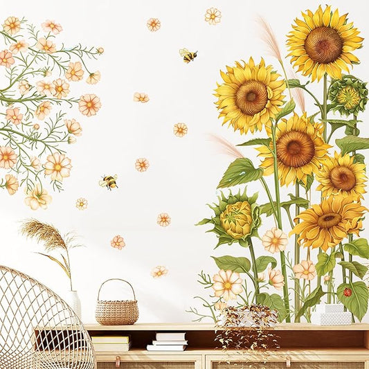 Large Sunflower Wall Decals Garden Flowers Butterfly Wall Stickers Green Leaves Floral Wall Art for Bedroom Bathoom Kids Wall Decor