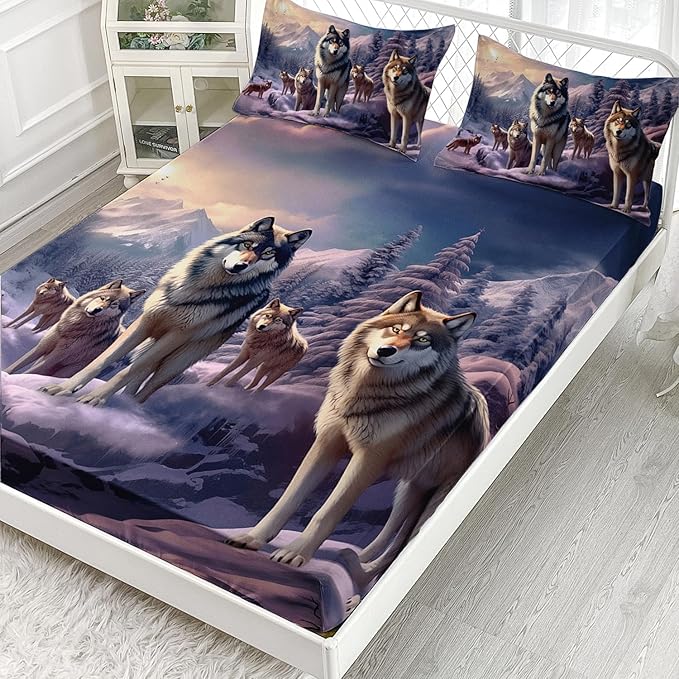 AILONEN Snow Wolf Fitted Sheet Set Queen Size, Winter Sunset Wildlife Wolf Bed Sheet Set for Boys Girls Adults,Safari Wolves Print Fitted Sheet with 2 Pillowcases,3 Pieces