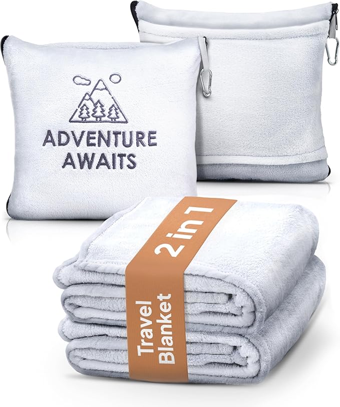 Travel Pillow and Blanket Set - Super Soft 2 in 1 Blankets with Cozy Hand & Feet Pouches Zip into Plush Pillows - Large Size Wraps You in Warmth on Airplanes - Luggage Sleeve & Backpack Clip (Gray)