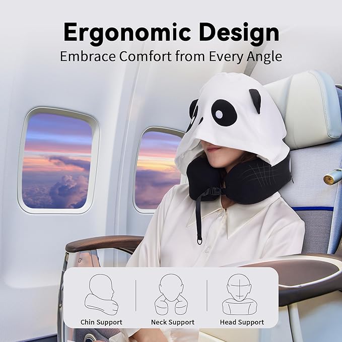 Travel Pillow with Hood for Kids and Adults, Memory Foam Neck Pillow for Airplane, Car, and Train, Hooded Travel Pillow Ergonomic Design, Breathable Fabric, Portable and Compact for Ultimate Comfort