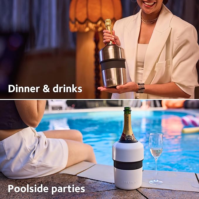 Huski Champagne Chiller | NEW | Award-Winning Iceless Design with Detachable Bottle Stopper | Keeps Wine Cold up to 6 Hours | Fits most 750ml Champagne, Prosecco & Sparkling Wine Bottles (White)