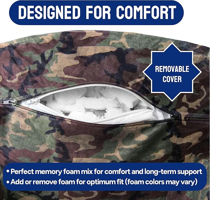 ComfortSpa Reading Pillow for Bed Adult Size, Back Rest Pillow with Arms, Pockets, Washable Cover; Use as Back Pillow for Bed Sitting Up for Bedrest or Relief from GERD Heartburn (Large Camouflage)