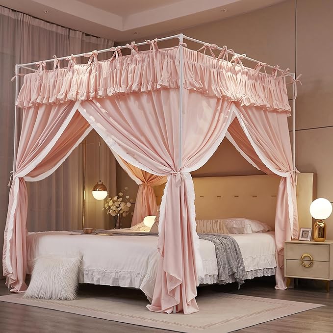 4 Corners Post Princess Ruffle Curtain Bed Canopy Lace Up Elastic Cozy Breathable Tent Mosquito Net for Girls Bedroom Decoration(Pink, 59-64" W*82" L*82" H/Queen)