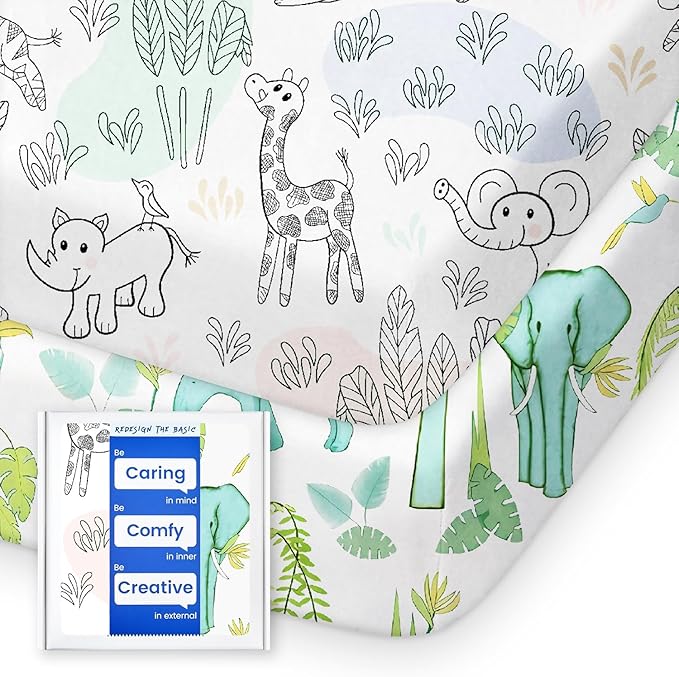 Mini Crib Sheets Boy Girl, Ultra Soft Pack N Play Sheets Fitted, Neutral Pack and Play Mattress Sheets, Premium Jersey Knit Portable Crib Sheets, Secure and Cute, Elephant & Cartoon Safari