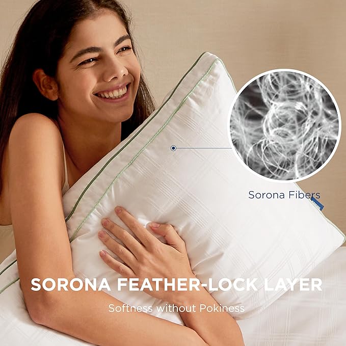 Bedsure Luxury Goose Feathers Down Pillow - 300 Thread Count Cotton Cover Gusseted Hotel Collection Bed Queen Pillow, Ultra-Soft High Elasticity Sorona Fiber Layer Pillows (2, Green, King)