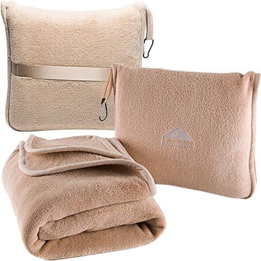 BlueHills Premium Soft Travel Blanket Pillow Airplane Blanket Packed in Soft Bag Pillowcase with Hand Luggage Belt and Backpack Clip, Compact Pack Large Blanket for Any Travel (Beige T005)