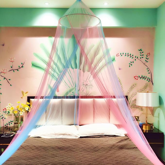 Eimilaly Two-Tone Bed Canopy Mosquito Net Pink Blue with Warm Lights, Bed Canopy for Girls Room Decor, Single Door