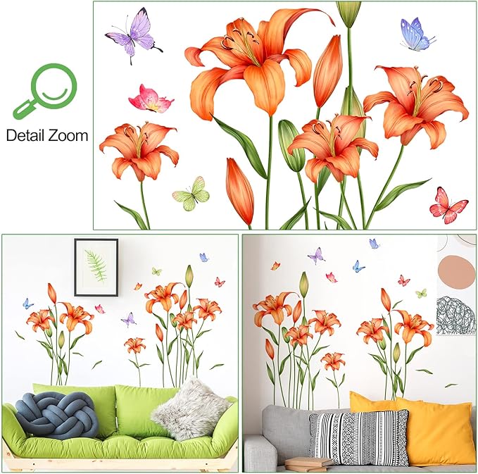 Amaonm Removable DIY Orange Lily Flower wall Sticker Peel and Stick Floral Butterfly Leaf Plant Vine Wall Decals for Kids Girls Boys Bedroom Living Room Nursery Classroom Playroom Office Bathroom Wall Background Decoration