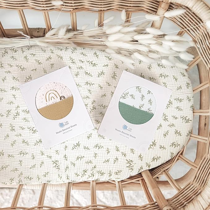 Muslin Bassinet Sheets Baby: Cotton Bassinet Sheets Fitted for Boys and Girls - Bassinet Sheets for Oval Rectangle or Hourglass Mattress(Lotus Leaf)
