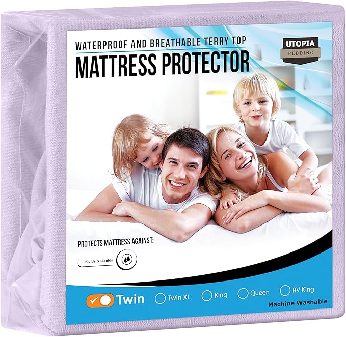 Utopia Bedding Waterproof Mattress Protector Twin Size, Premium Terry Mattress Cover 200 GSM, Breathable, Fitted Style with Stretchable Pockets (Lavender)